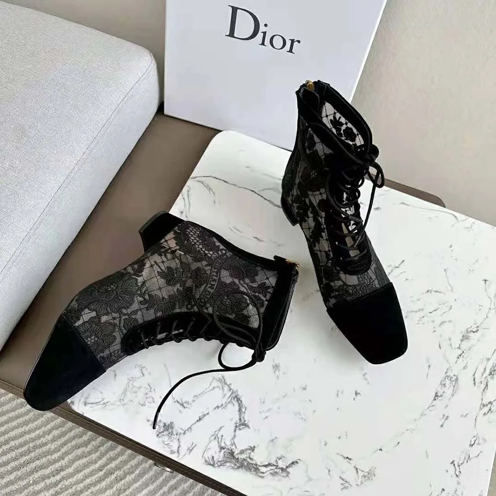 Dior Naughtily-d Ankle Boot Black Transparent Mesh and Suede Embroidered for Women