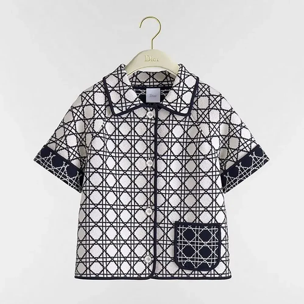 Dior Macrocannage Short-Sleeved Jacket Navy Blue and White Tweed for Women Dior Macrocannage Short-Sleeved Jacket Navy Blue and White Tweed for Women