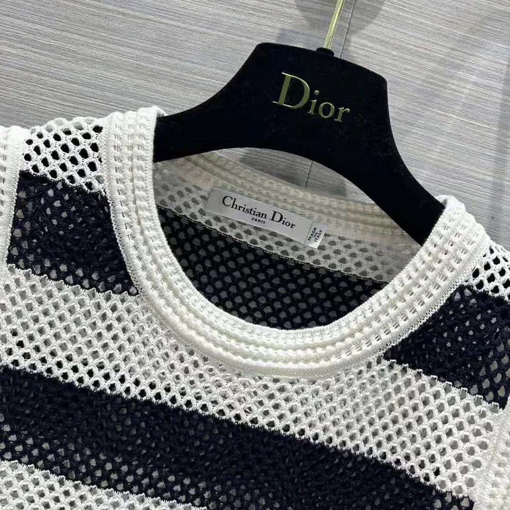 Dior Marinière Cardigan Top Navy Blue and White Openwork Cotton Knit for Women Dior Marinière Cardigan Top Navy Blue and White Openwork Cotton Knit for Women