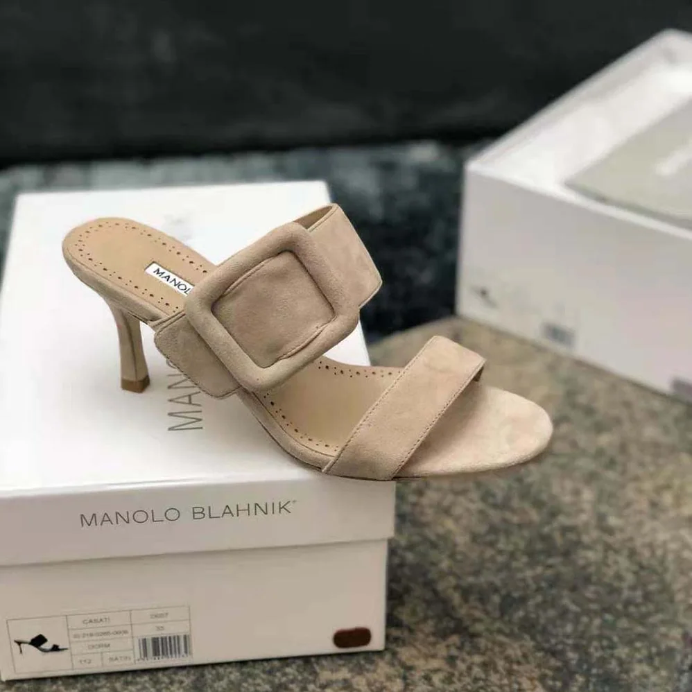 Manolo Blahnik Light Beige Suede Open Toe Mules for Women