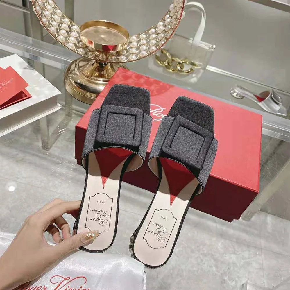 Roger Vivier Strass Heel Covered Buckle Mules in Satin for Women in Black Roger Vivier Strass Heel Covered Buckle Mules in Satin for Women in Black