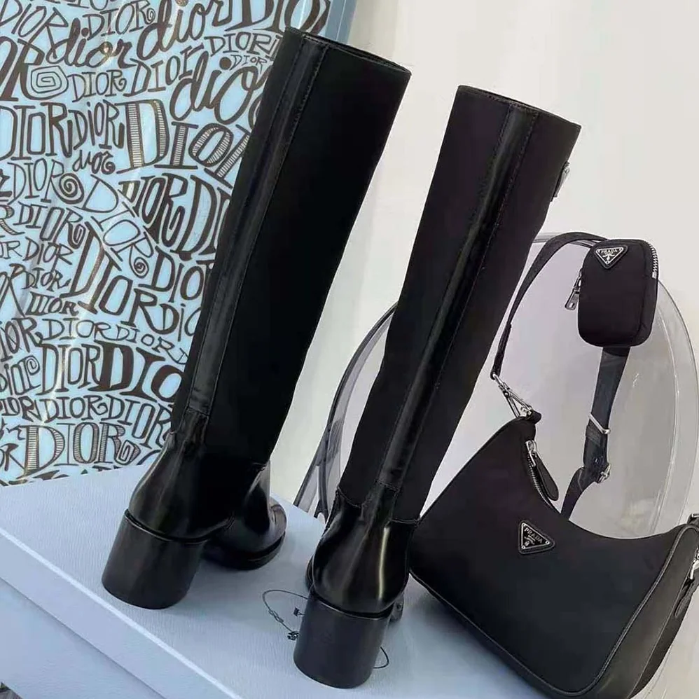 Prada Brushed Leather and Nylon Boots for Women in Black
