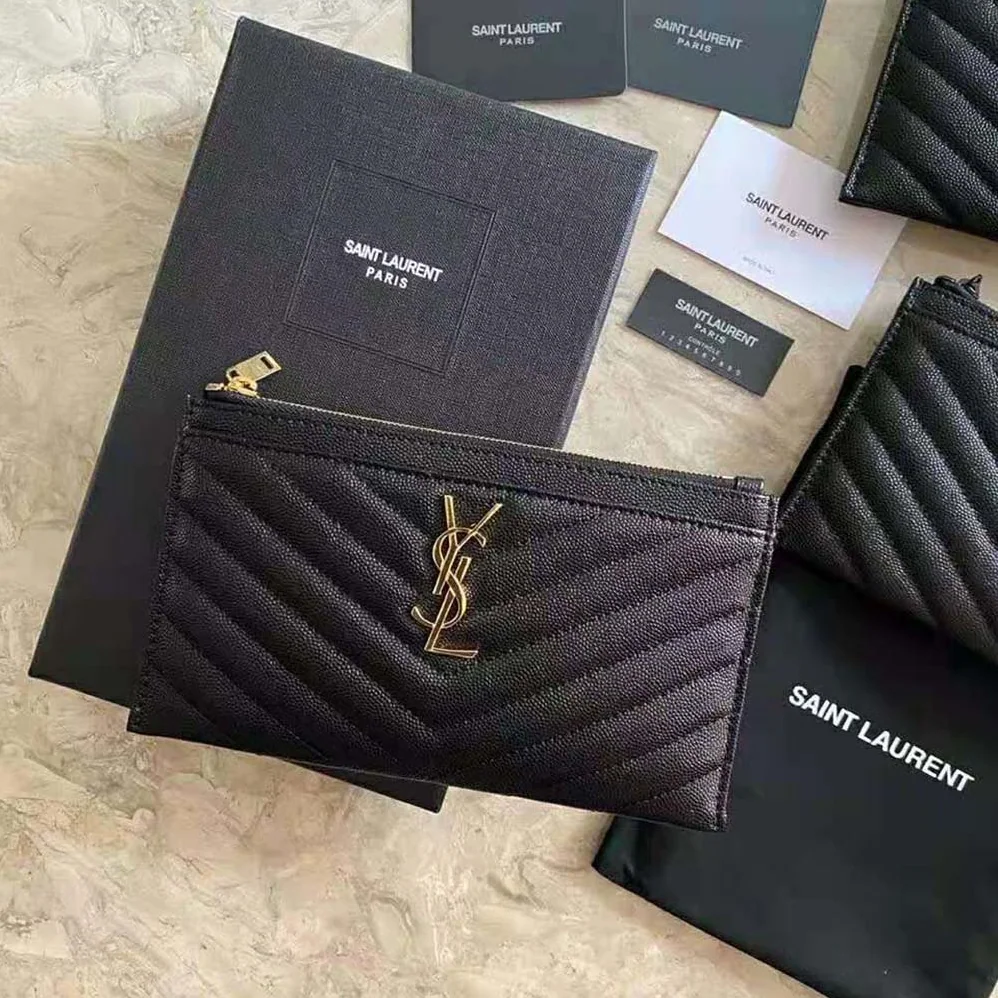 Saint Laurent YSL Monogram Bill Pouch in Grain DE Poudre Embossed Leather for Women in Black Saint Laurent YSL Monogram Bill Pouch in Grain DE Poudre Embossed Leather for Women in Black