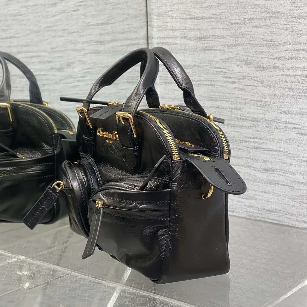 Dior Small Grand Tour Bowling Bag Black Crinkled Calfskin for Women