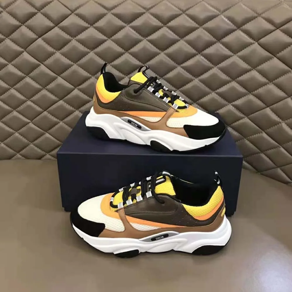Dior B22 Sneaker Yellow and White Technical Mesh with Ebony and Camel Smooth Calfskin for Men