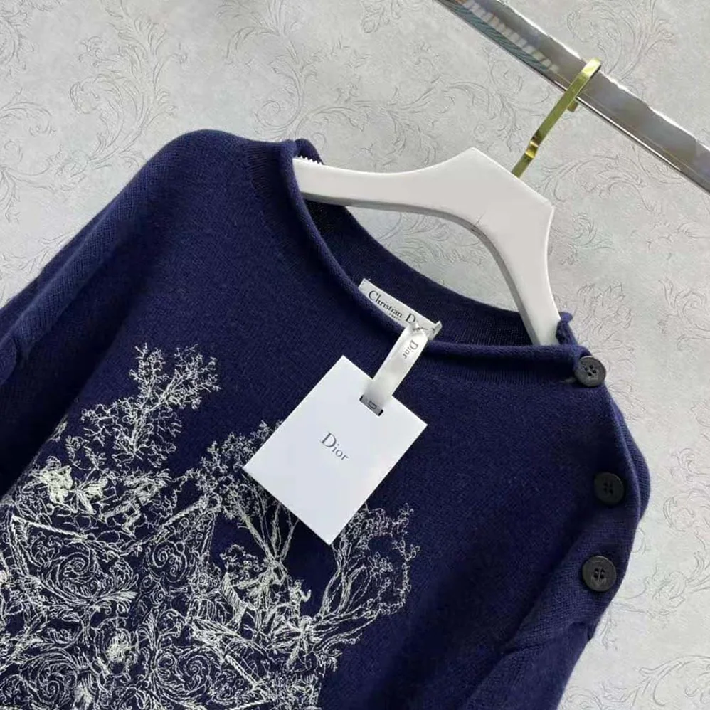 Dior Embroidered Sweater Navy Blue Cashmere Knit for Women Dior Embroidered Sweater Navy Blue Cashmere Knit for Women