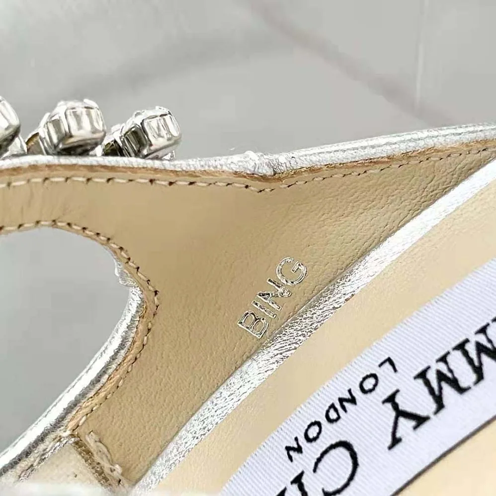 Jimmy Choo BING 100 Silver Glitter Tulle Mules with Crystal Strap for Women