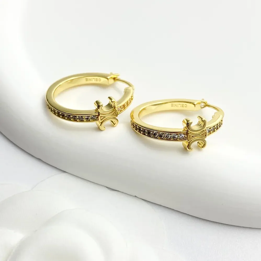 Celine Triomphe Sparkle Hoops in Strass and Brass with Gold Finish for Women