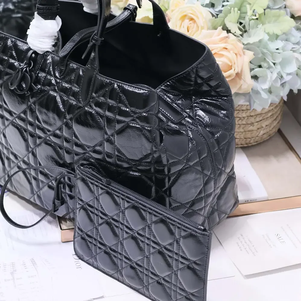Dior Large Dior Toujours Bag Black Macrocannage Crinkled Calfskin for Women