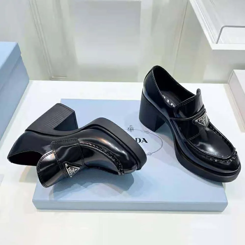 Prada Chocolate High for Women in Heeled Brushed Leather Loafers Prada Chocolate High for Women in Heeled Brushed Leather Loafers