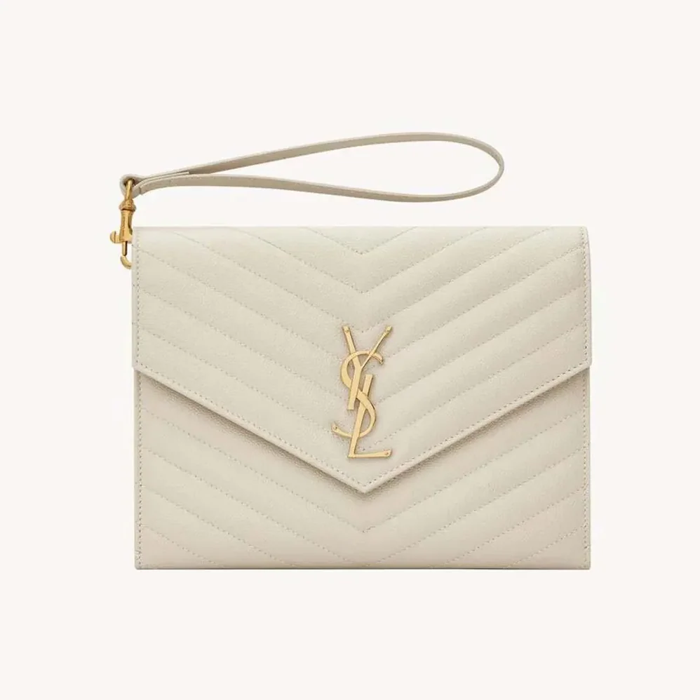 Saint Laurent YSL Cassandre Matelassé Flap Pouch In Grain De Poudre Leather White for Women