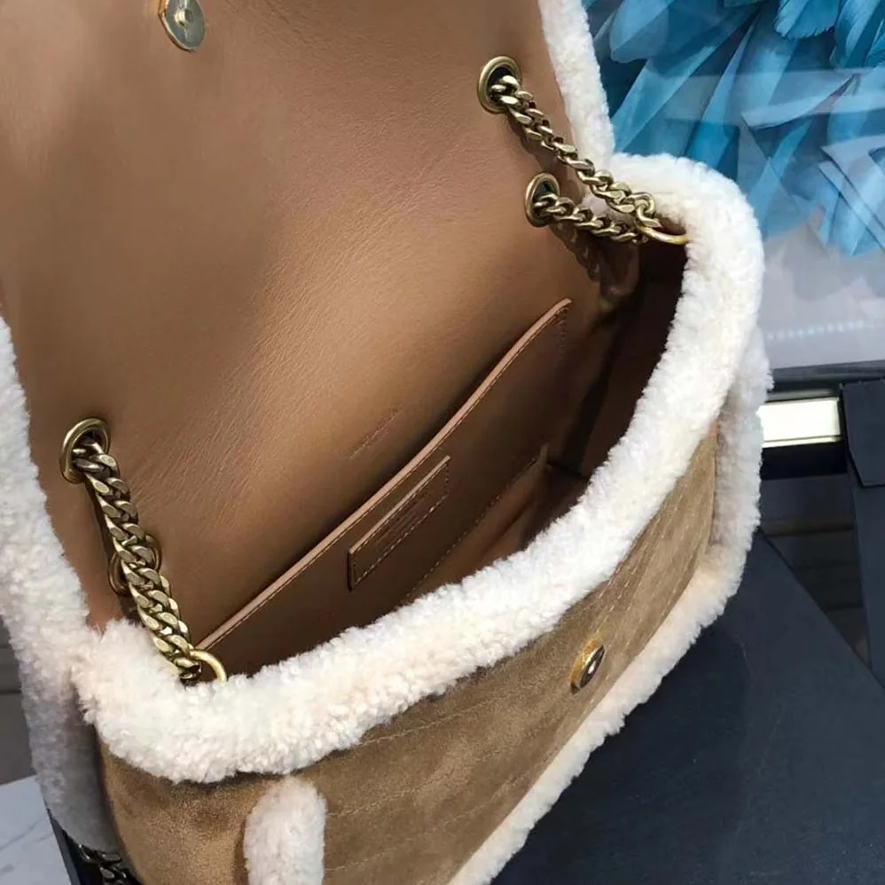 Saint Laurent YSL Niki Medium Chain Bag in Crinkled Leather and Shearling for Women in Brown