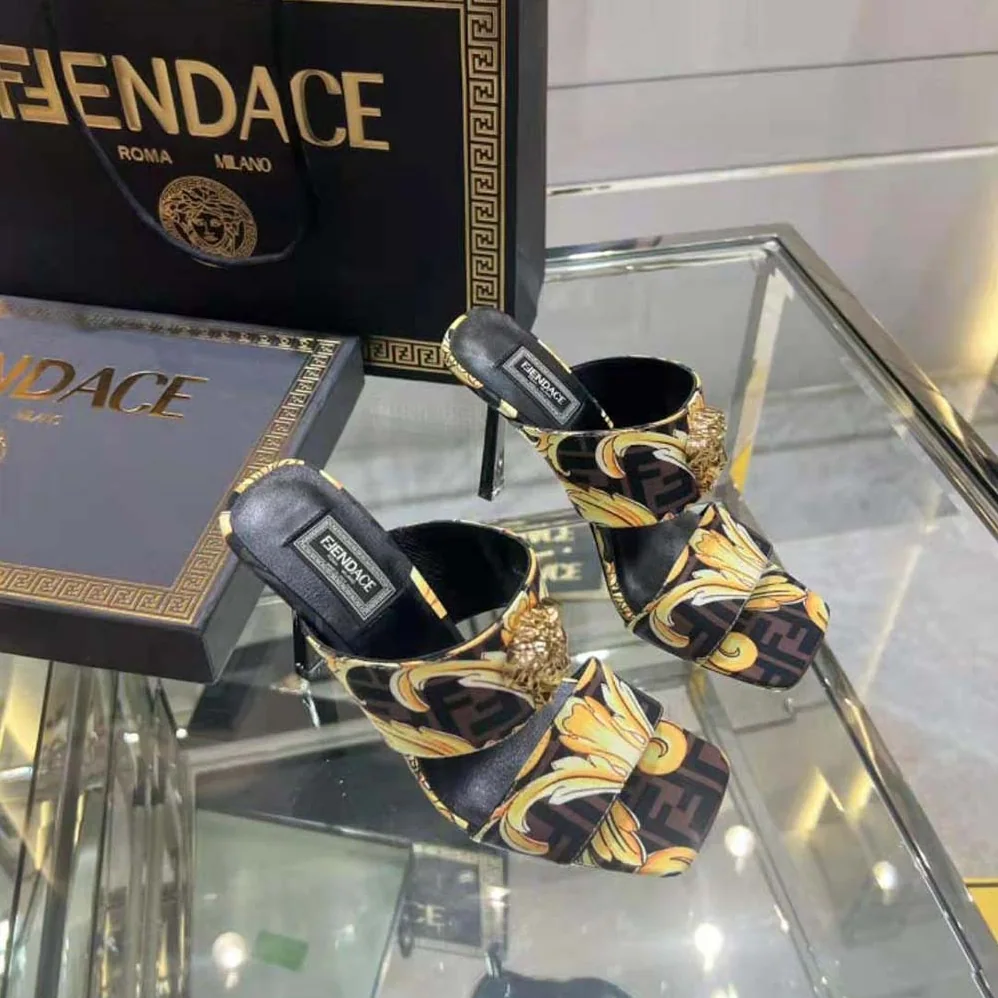 Versace Fendace Gold Baroque Mules for Women in Black