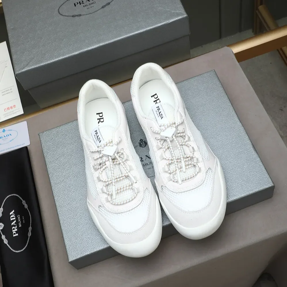 Prada Speedrock Patent Leather and Mesh Fabric Sneakers for Unisex in White