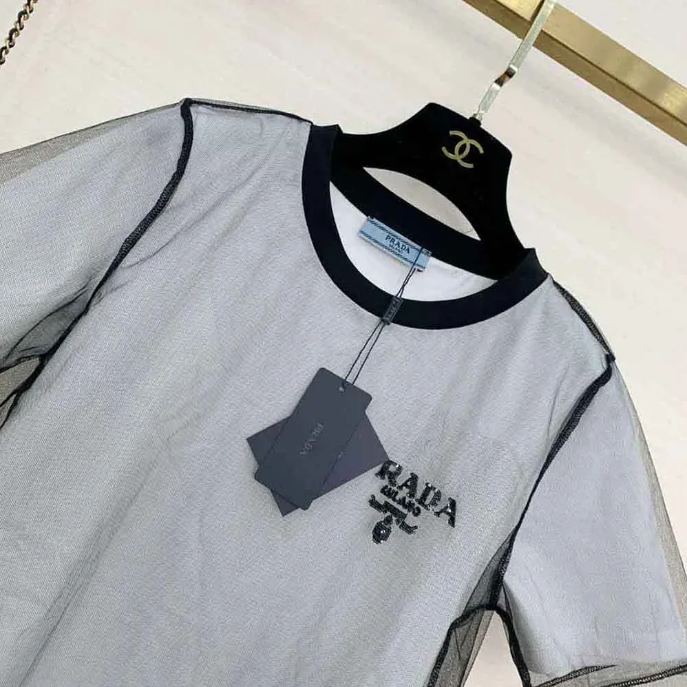 Prada Sequin-Embroidered Tulle and Jersey T-shirt for Women in Black Prada Sequin-Embroidered Tulle and Jersey T-shirt for Women in Black