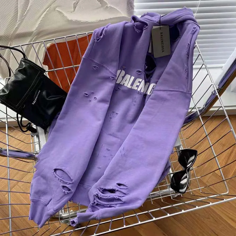 Balenciaga Caps Destroyed Hoodie in Purple for Women Balenciaga Caps Destroyed Hoodie in Purple for Women