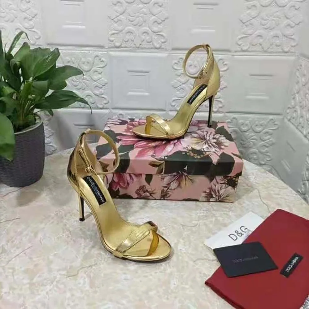 Dolce Gabbana D&G Mirrored-Effect Calfskin Sandals for Women in Gold Dolce Gabbana D&G Mirrored-Effect Calfskin Sandals for Women in Gold