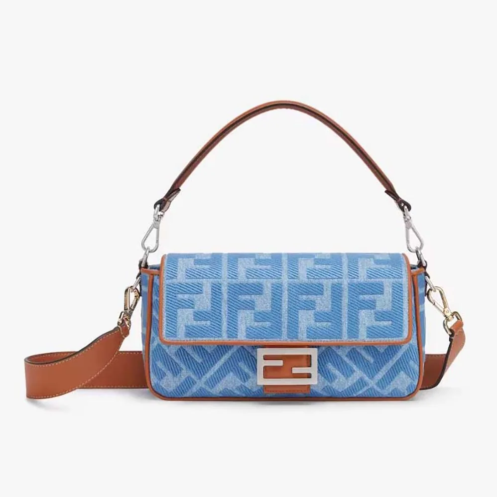 Fendi Baguette Light Blue Denim Bag with FF Embroidery for Women