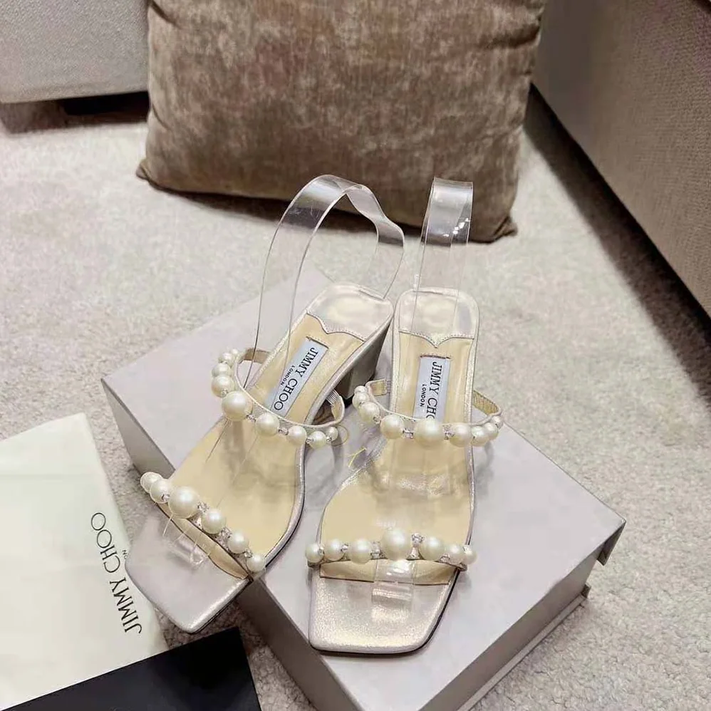 Jimmy Choo Amara 45 Champagne Shimmer Suede Mules with Pearl Embellishment for Women Jimmy Choo Amara 45 Champagne Shimmer Suede Mules with Pearl Embellishment for Women