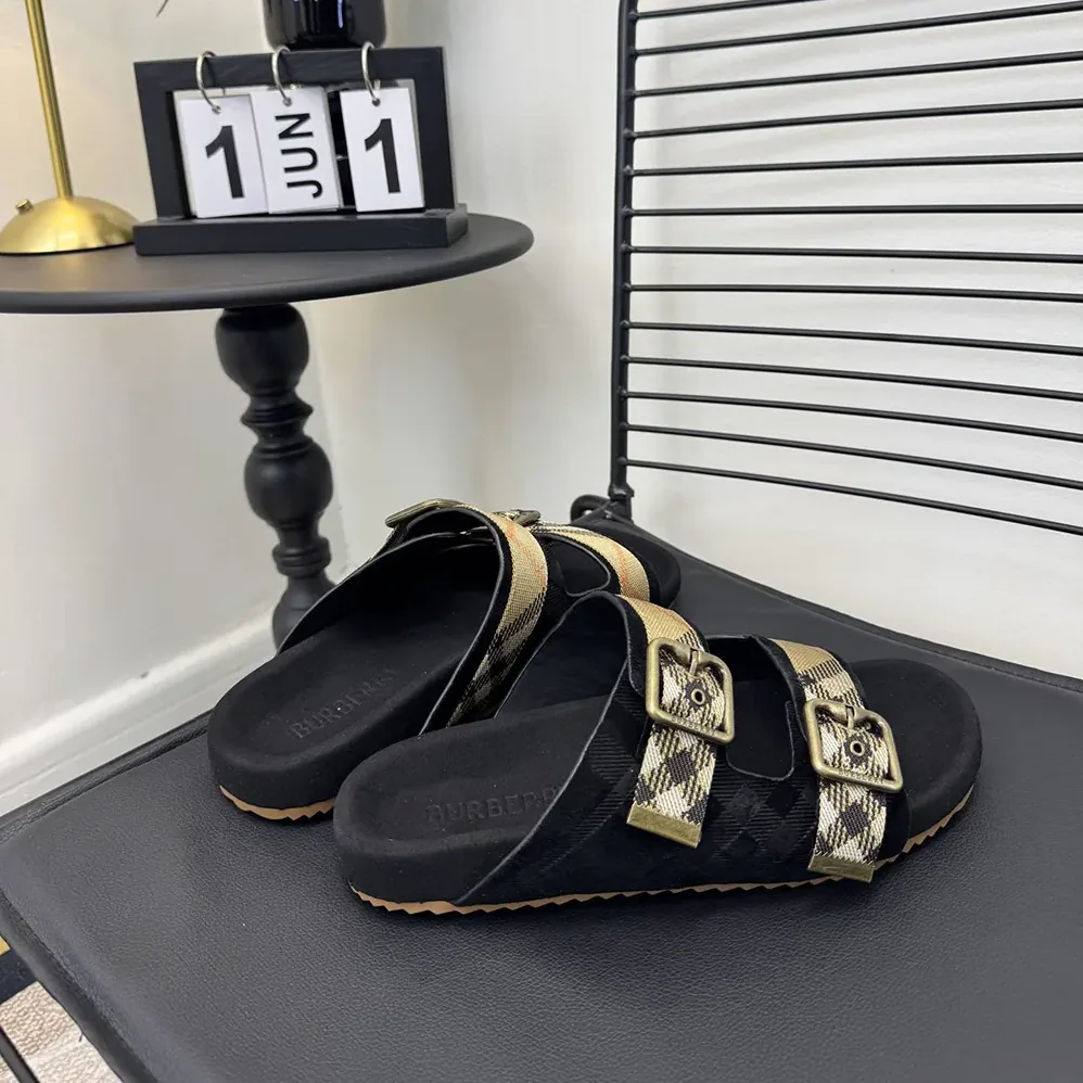Burberry Check Suede Urchin Sandals for Unisex in Black Burberry Check Suede Urchin Sandals for Unisex in Black