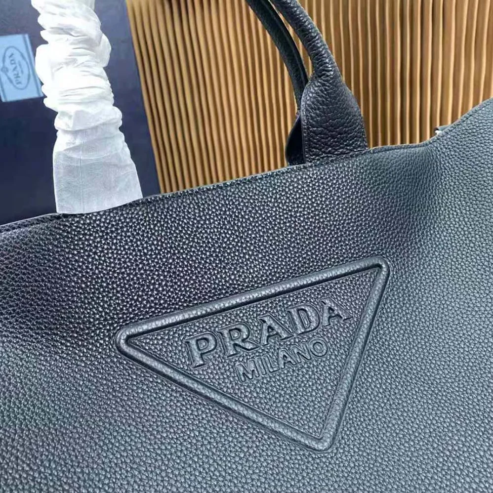 Prada Leather Tote with Enameled Metal Triangle Logo for Men in Black Prada Leather Tote with Enameled Metal Triangle Logo for Men in Black
