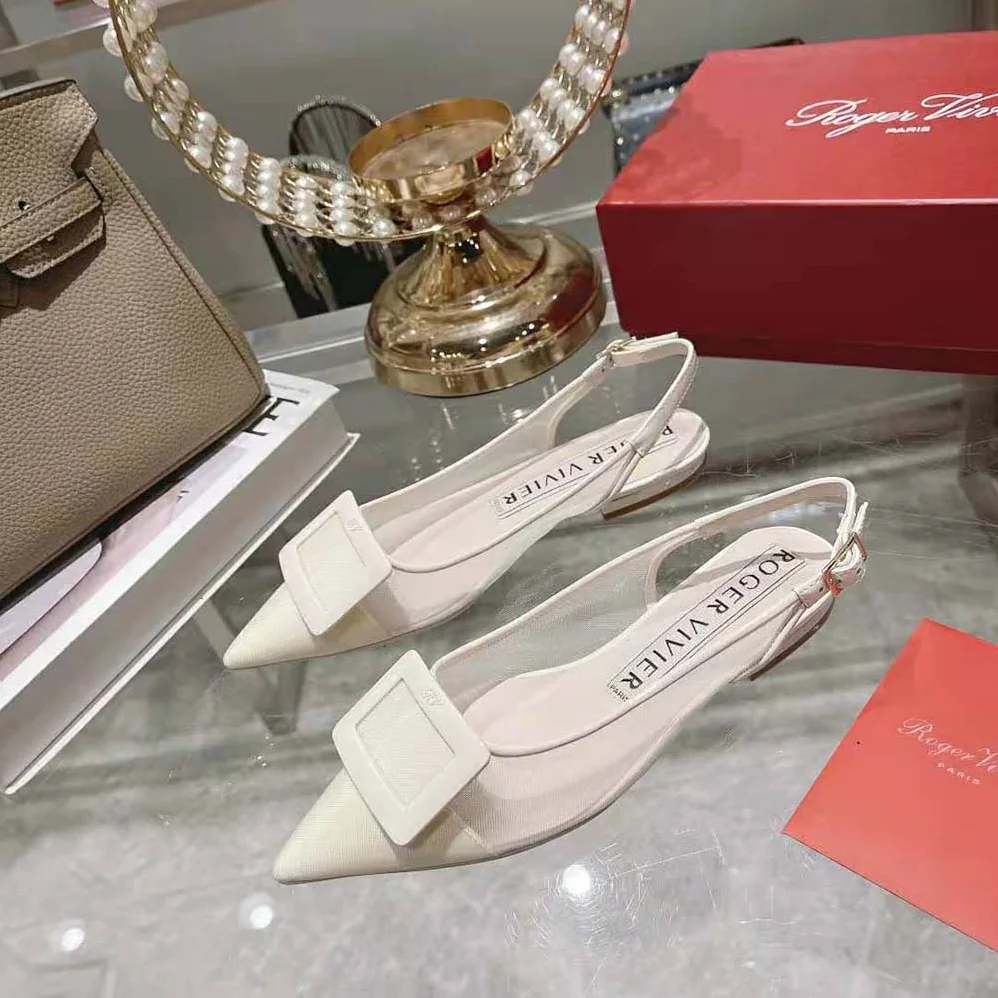 Roger Vivier Gommettine Net Lacquered Buckle Slingback Ballerinas in Fabric for Women in White