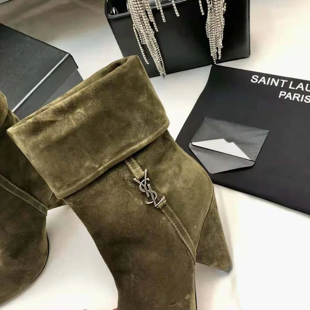 Saint Laurent YSL Niki Booties in Suede and Silver for Women in Tone Monogram Saint Laurent YSL Niki Booties in Suede and Silver for Women in Tone Monogram