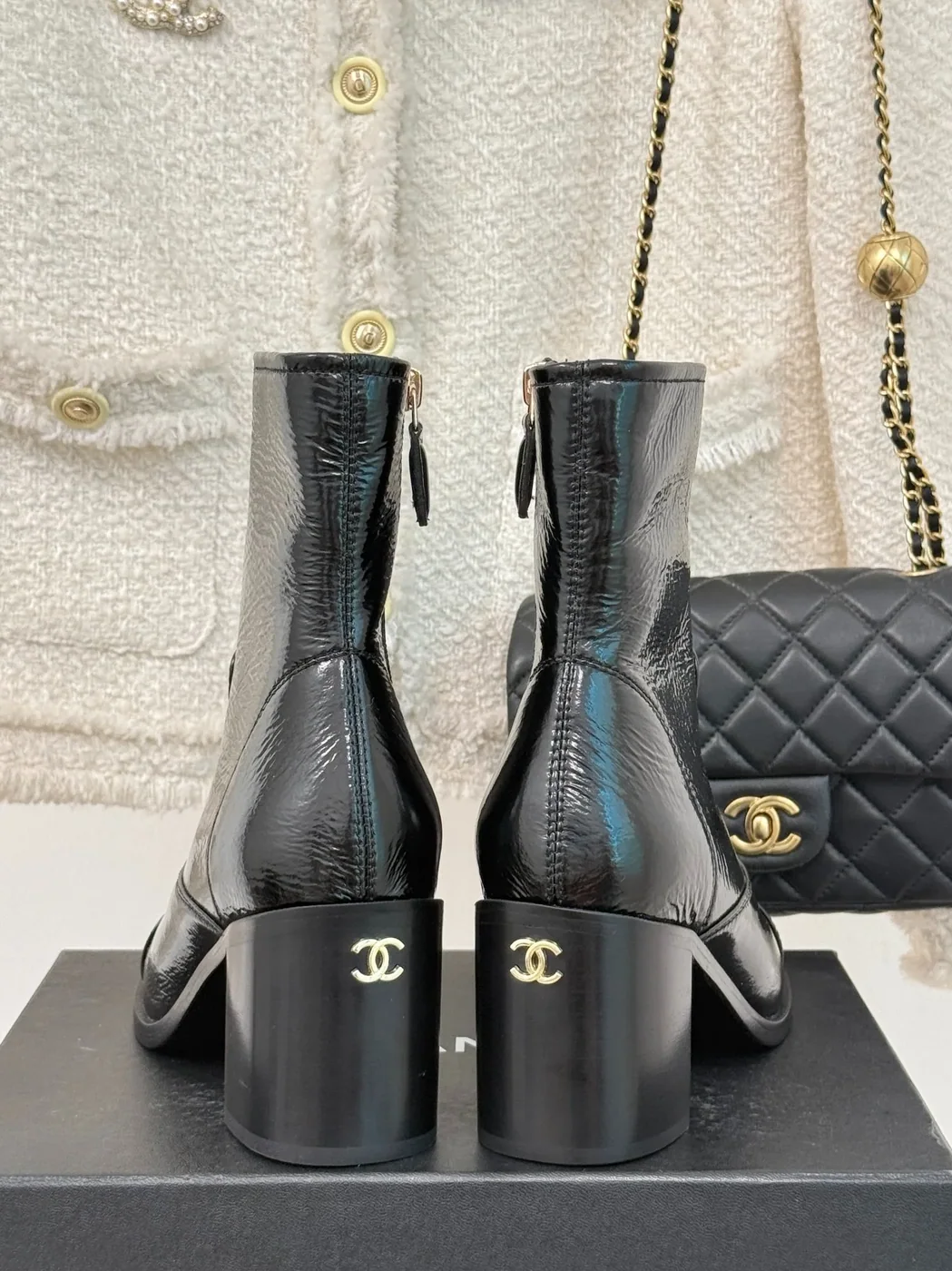 Chanel Glossy Chunky Ankle Heel Boots Black / Chanel Glossy Chunky Ankle Heel Boots Black /