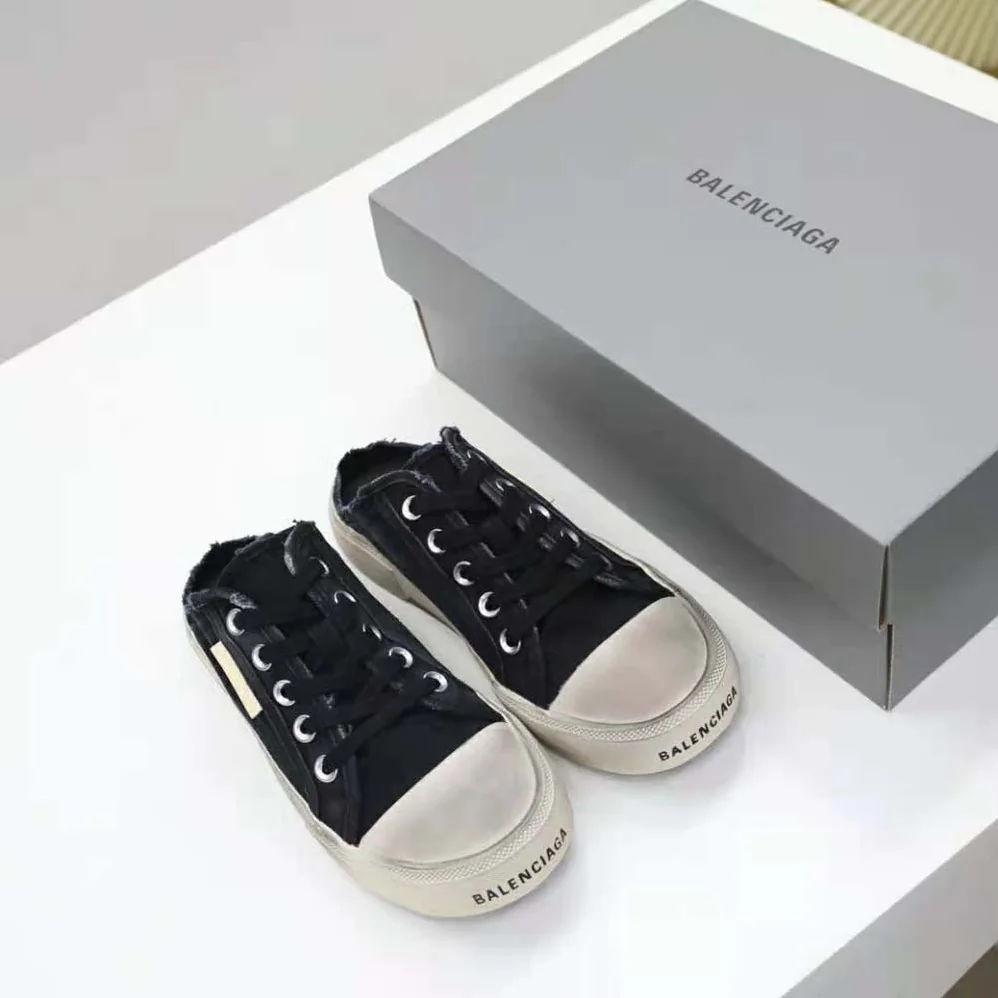 Balenciaga Paris Sneaker Mule in Black Destroyed Cotton and White Rubber for Unisex