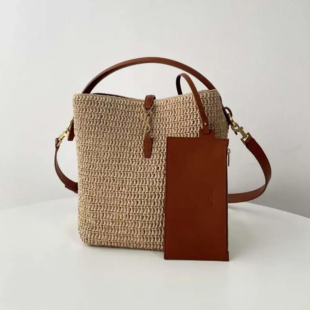 Saint Laurent YSL Le 37 Leather for Women in trimmed Raffia Bucket Bag Saint Laurent YSL Le 37 Leather for Women in trimmed Raffia Bucket Bag