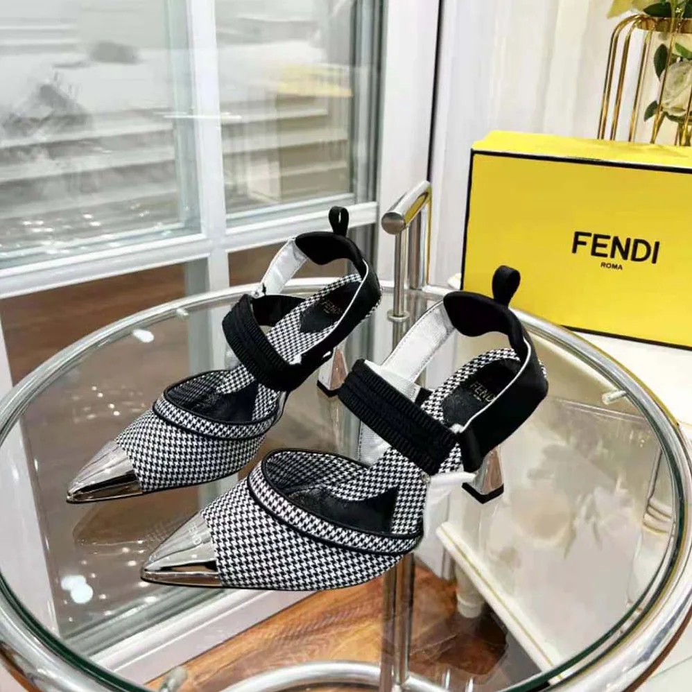 Fendi Colibrì High-Heeled Slingbacks in Black Houndstooth Fabric for Women Fendi Colibrì High-Heeled Slingbacks in Black Houndstooth Fabric for Women