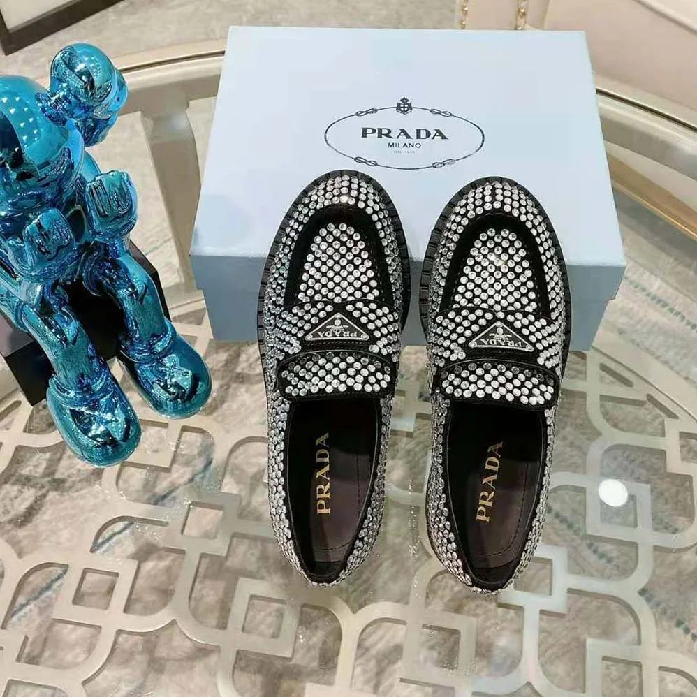 Prada Chocolate Satin Loafers with Crystals for Women in Silver Prada Chocolate Satin Loafers with Crystals for Women in Silver