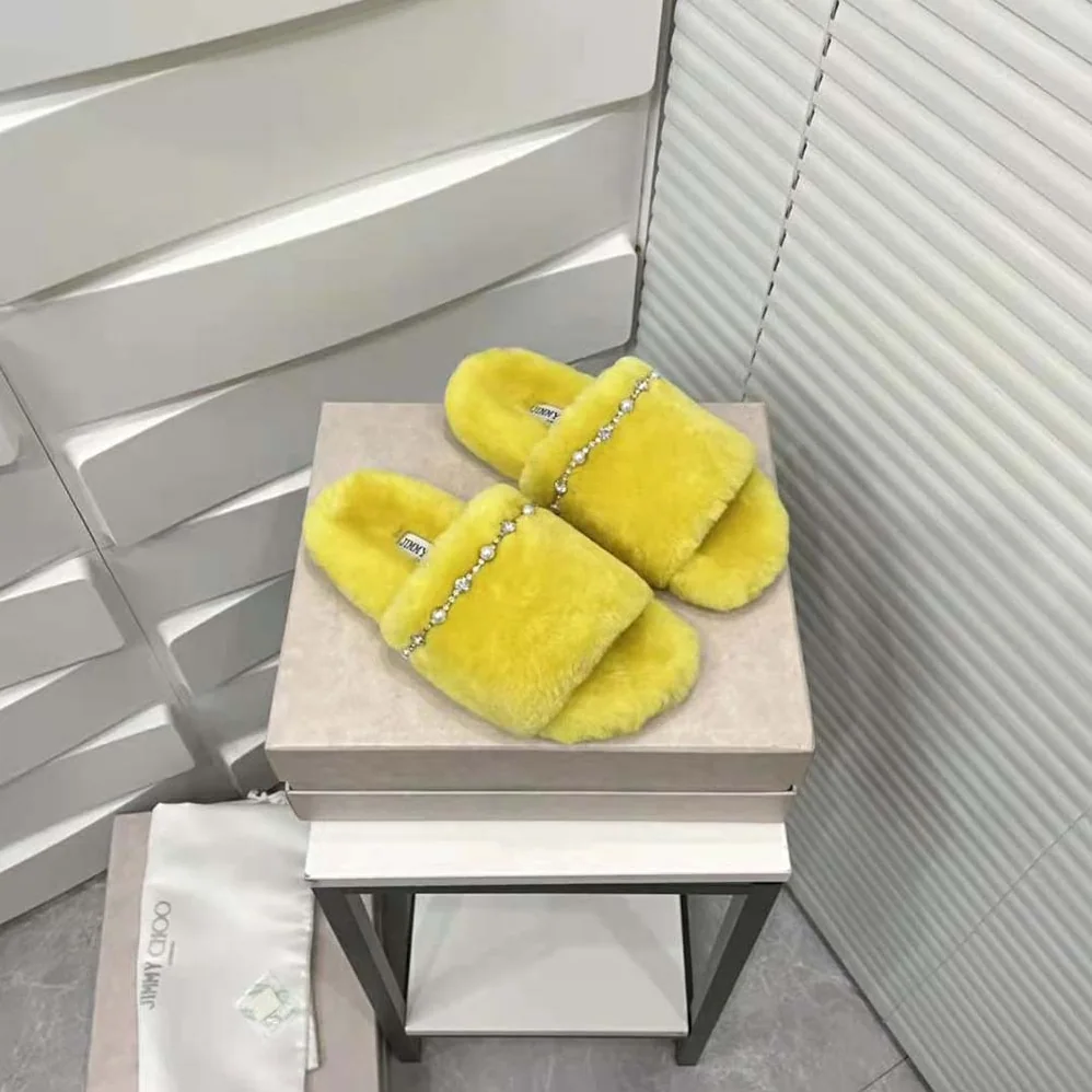 Jimmy Choo Acinda Slipper Lime Shearling Slippers with Crystal and Pearl Detailing for Women Jimmy Choo Acinda Slipper Lime Shearling Slippers with Crystal and Pearl Detailing for Women