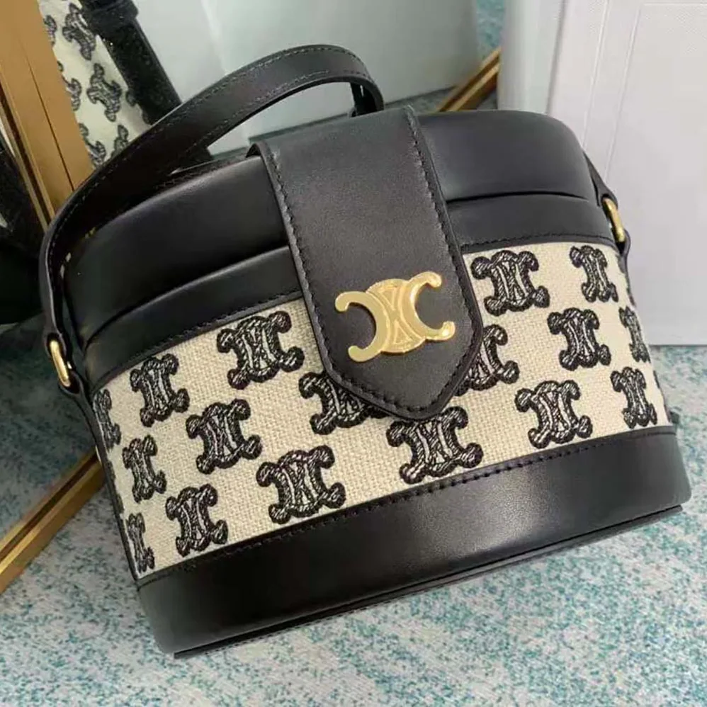 Celine Medium Tambour Bag in Textile with Triomphe Embroidery for Women