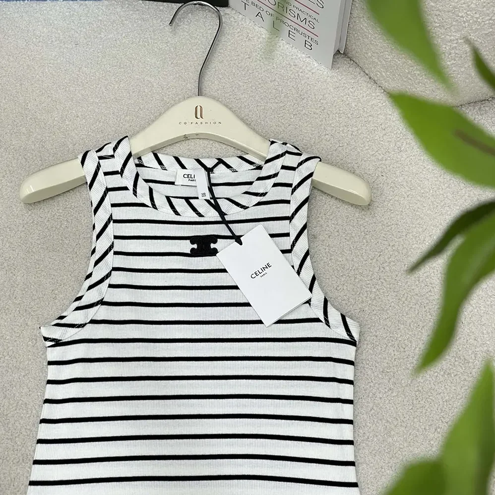 Celine Triomphe Tank Top in Striped Silk Jersey for Women Celine Triomphe Tank Top in Striped Silk Jersey for Women
