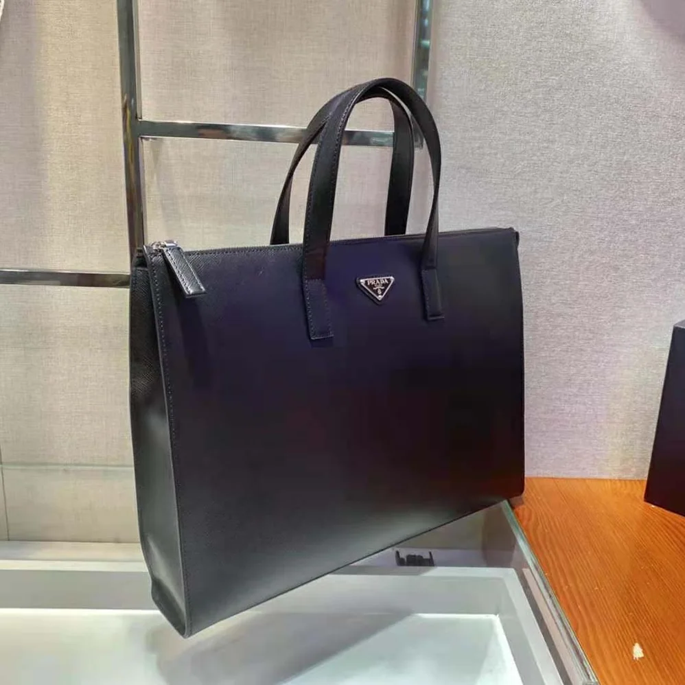 Prada Saffiano Leather Tote with a Crosshatch Pattern and Wax Finish for Men in Black