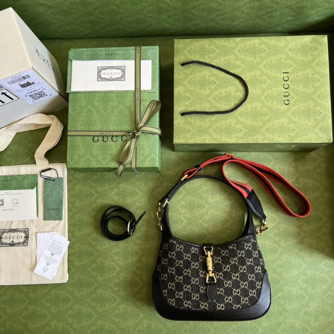 Gucci Jackie 1961 Small Shoulder Bag Black And Ivory GG Denim Jacquard /