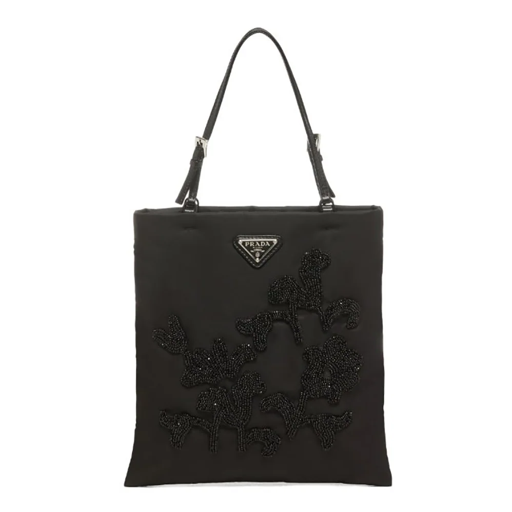 Prada Embroidered Nylon Handbag for Women in Black
