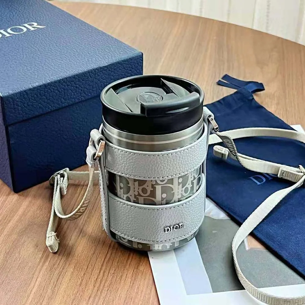 Dior Aqua Mug with Shoulder Strap Dior Gray Grained Calfskin and Dior Oblique Stainless Steel for Unisex