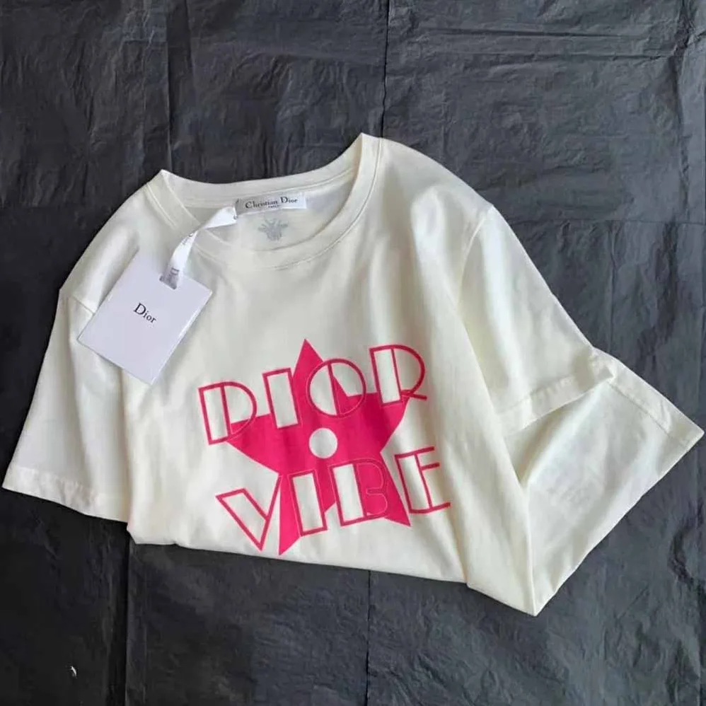 Dior Vibe T-shirt Ecru and Fluorescent Pink Cotton and Linen Jersey for Women