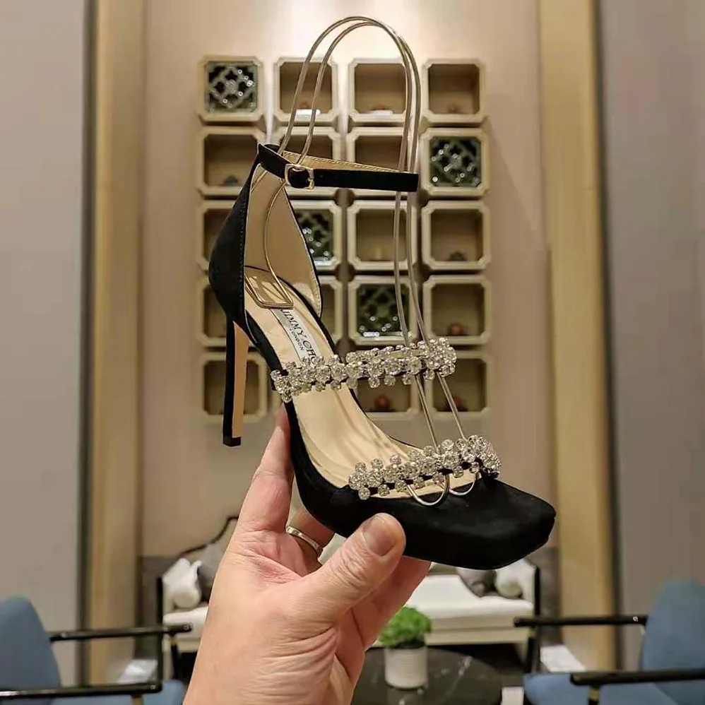 Jimmy Choo Bing Sandal 105 Black Suede Sandals with Crystal Straps for Women Jimmy Choo Bing Sandal 105 Black Suede Sandals with Crystal Straps for Women