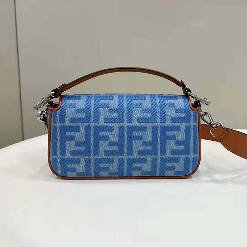 Fendi Baguette Light Blue Denim Bag with FF Embroidery for Women