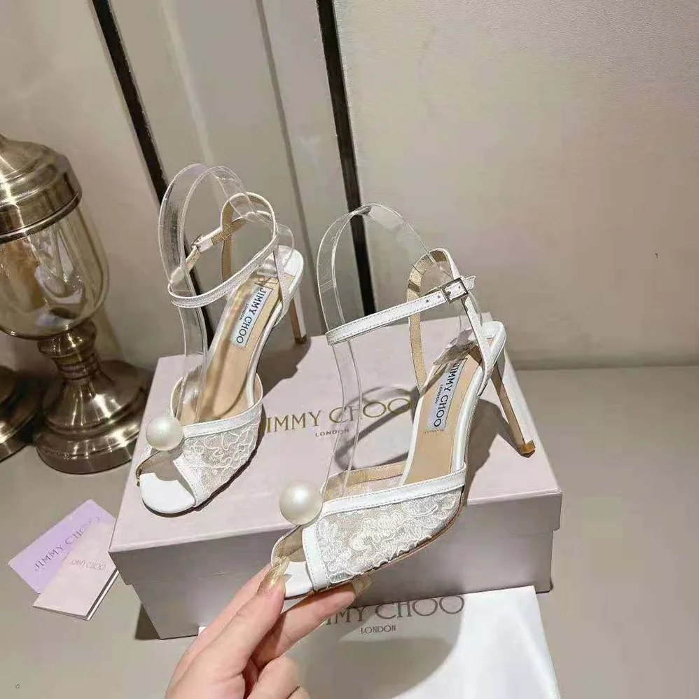Jimmy Choo Sacora 85 Ivory Floral Lace Sandals with Pearl Detail for Women