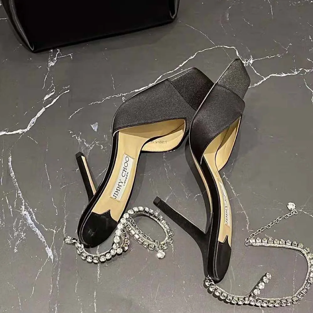 Jimmy Choo Saeda Sandal 100 Black Suede Sandals with Crystal Embellishment for Women Jimmy Choo Saeda Sandal 100 Black Suede Sandals with Crystal Embellishment for Women