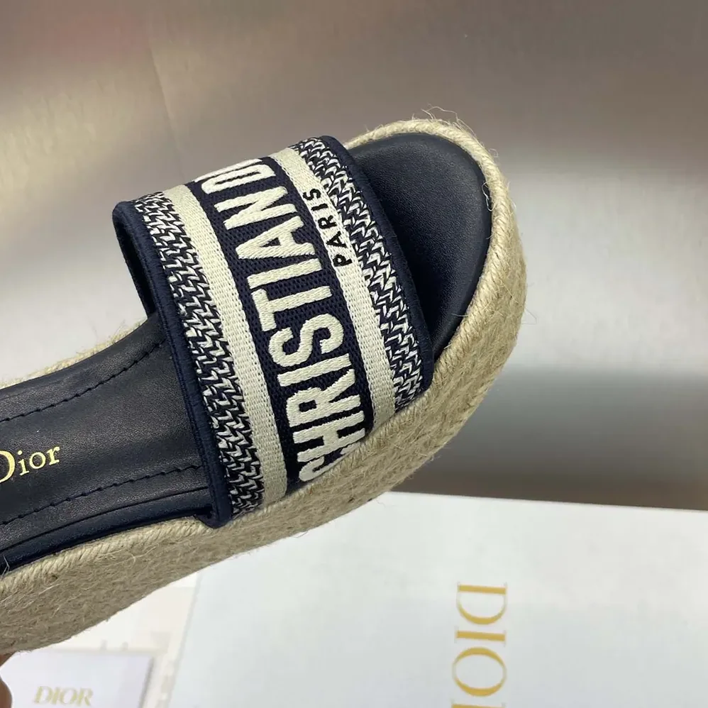 Dior Dway Wedge Sandal Deep Blue Calfskin and Embroidered Cotton for Women