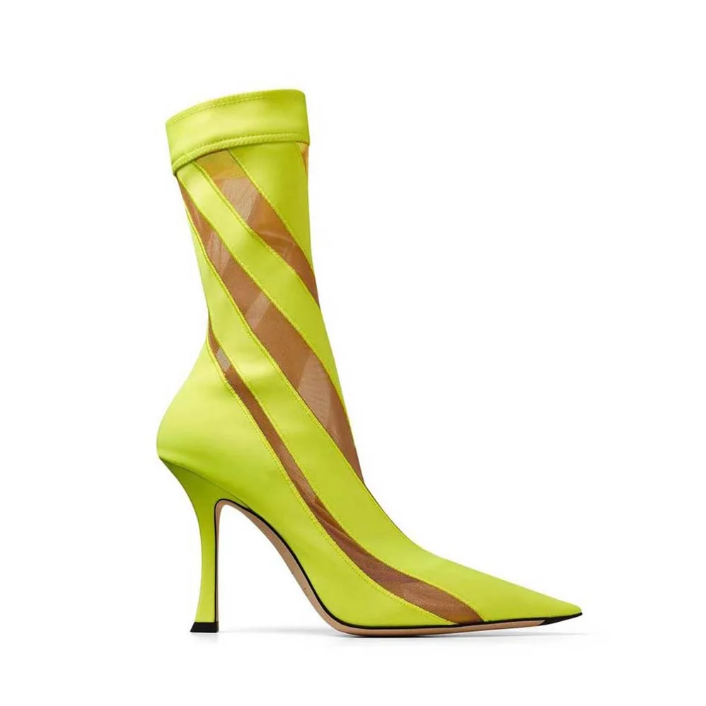 Jimmy Choo Mugler Sock Ankle Boot Neon Yellow and Nude Sheer Spiral Stretch Fabric for Women Jimmy Choo Mugler Sock Ankle Boot Neon Yellow and Nude Sheer Spiral Stretch Fabric for Women