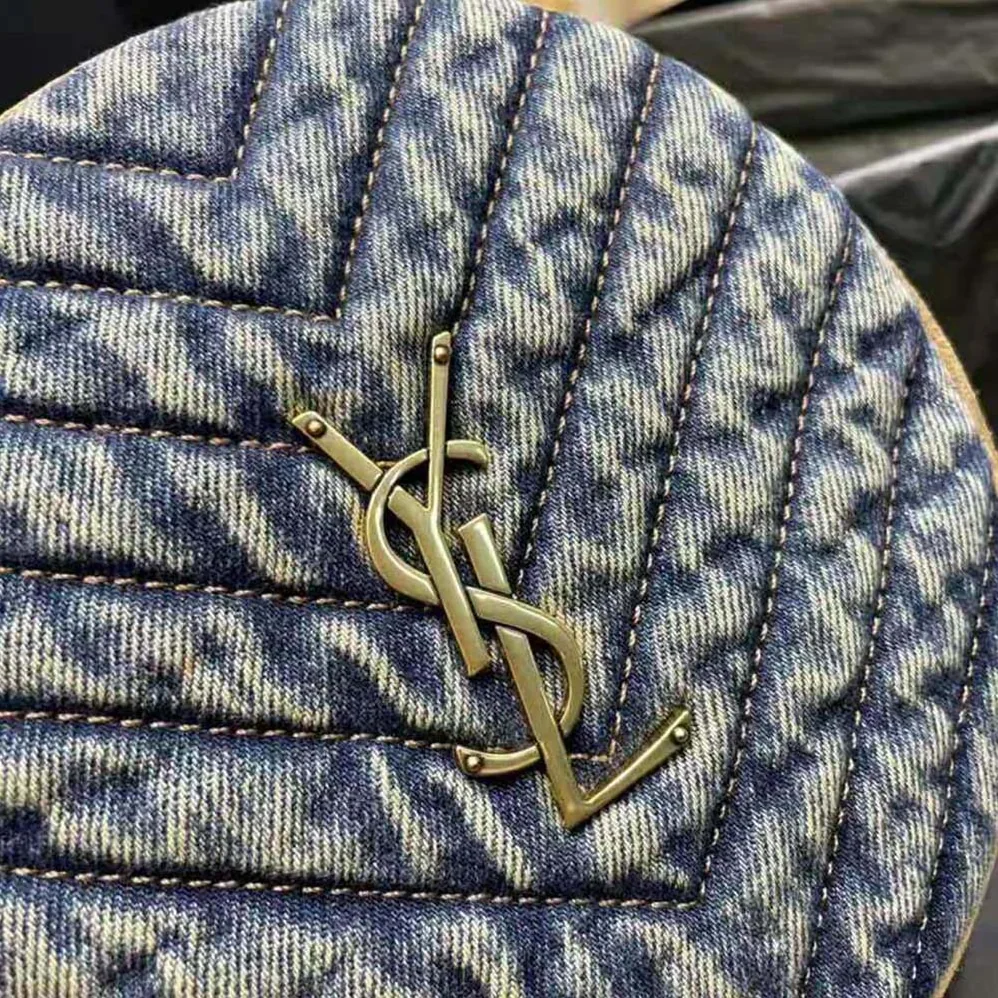 Saint Laurent YSL Vinyle Round Camera Bag in Chevron for Women in Quilted Denim and Suede Saint Laurent YSL Vinyle Round Camera Bag in Chevron for Women in Quilted Denim and Suede