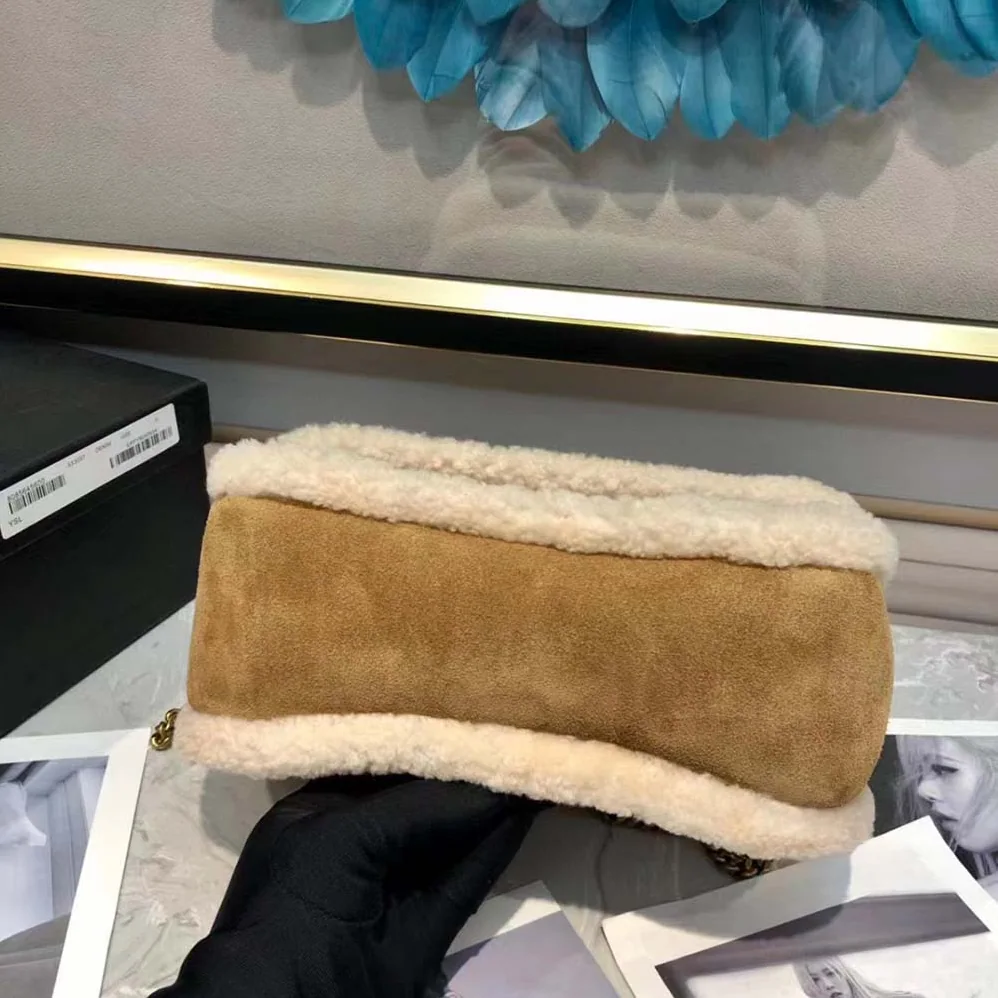 Saint Laurent YSL Niki Medium Chain Bag in Crinkled Leather and Shearling for Women in Brown