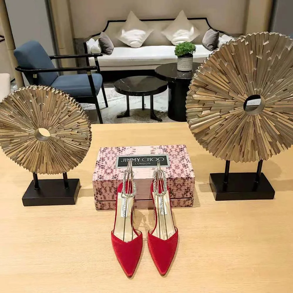 Jimmy Choo Saeda 85 Red Velvet Pumps with Crystal Embellishment for Women Jimmy Choo Saeda 85 Red Velvet Pumps with Crystal Embellishment for Women
