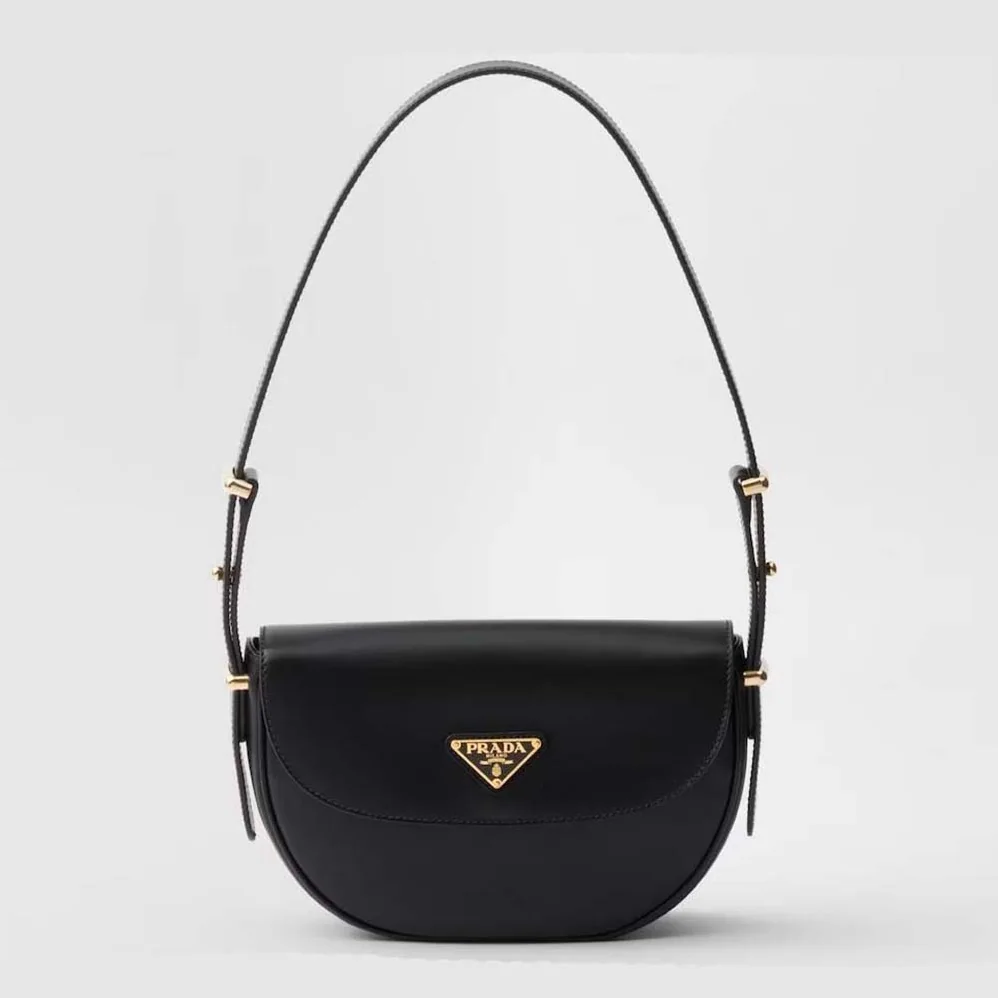 Prada Arqué Leather Shoulder Bag with Flap for Women in Black Prada Arqué Leather Shoulder Bag with Flap for Women in Black